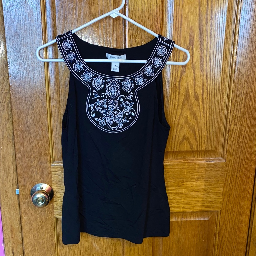 White House Black Market Black Tank with White Embroidery